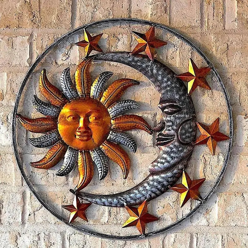 C90D Metal Sculpture for Sun Moon Face Statue Wall Hanger Decorations for Indoor Outd