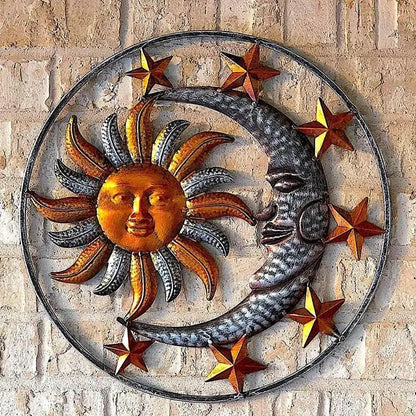 C90D Metal Sculpture for Sun Moon Face Statue Wall Hanger Decorations for Indoor Outd