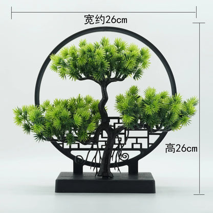 Chinese Zen Welcome Pine Potted Plant, Creative Screen Ornament Simulation Fake Pine Tree Living Room Entrance Decoration
