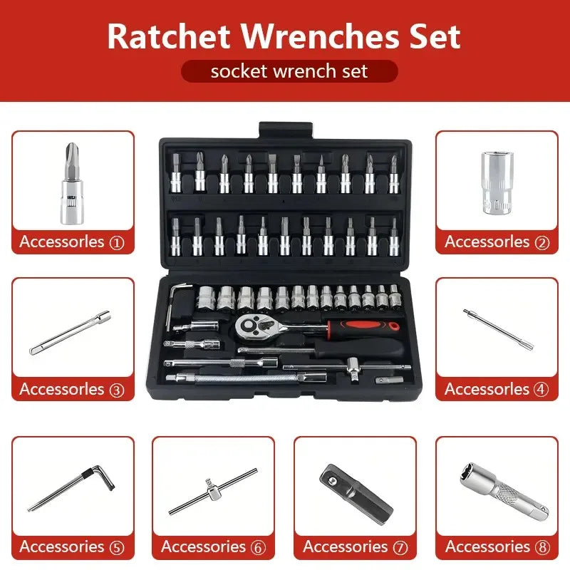 46 Pieces 1/4 Inch Drive Socket Ratchet Wrench Set, Metric Bit Socket & Extension Bar Assortment, Portable Hand Tool Kit for Auto Repairing & Household Mechanical Maintenance