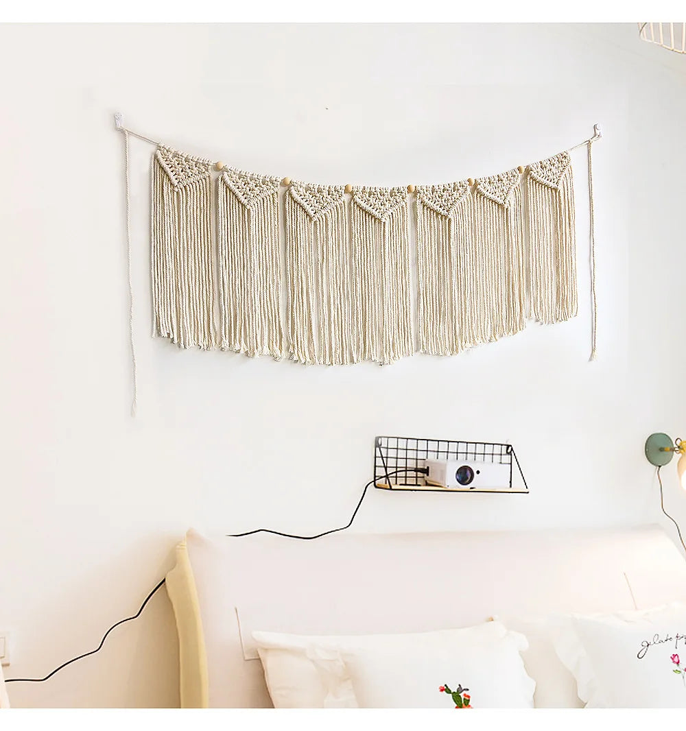 Macrame Handwoven Bohemian Cotton Rope Boho Tapestry Home Decor Creamy-White Wall Hanging Decoration Art Tapestry Christamas