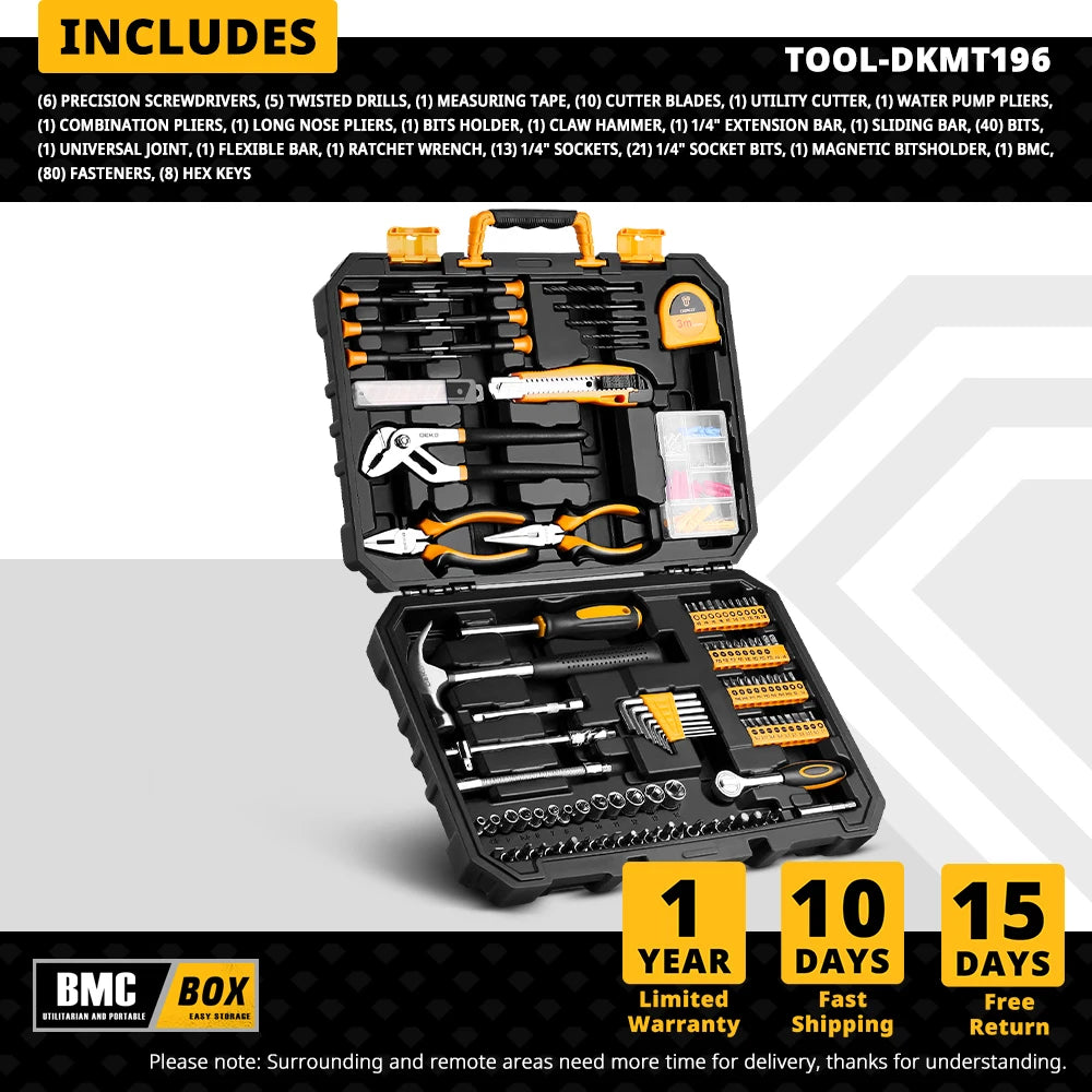 DEKO DKMT128/DKMT196 Home DIY Tool Set Auto Repair Combination Package Hand Tool Kit with Plastic Tool box, Screwdriver, Hammer