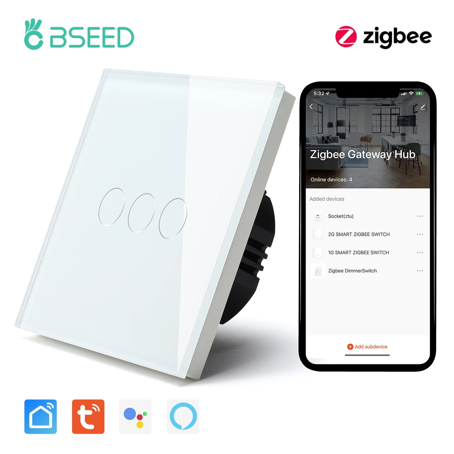 Bseed Zigbee 1/2/3Gang EU Standard Touch Light Switch Single Live Smart Wall Switch Smart Life Google Home Voice Control