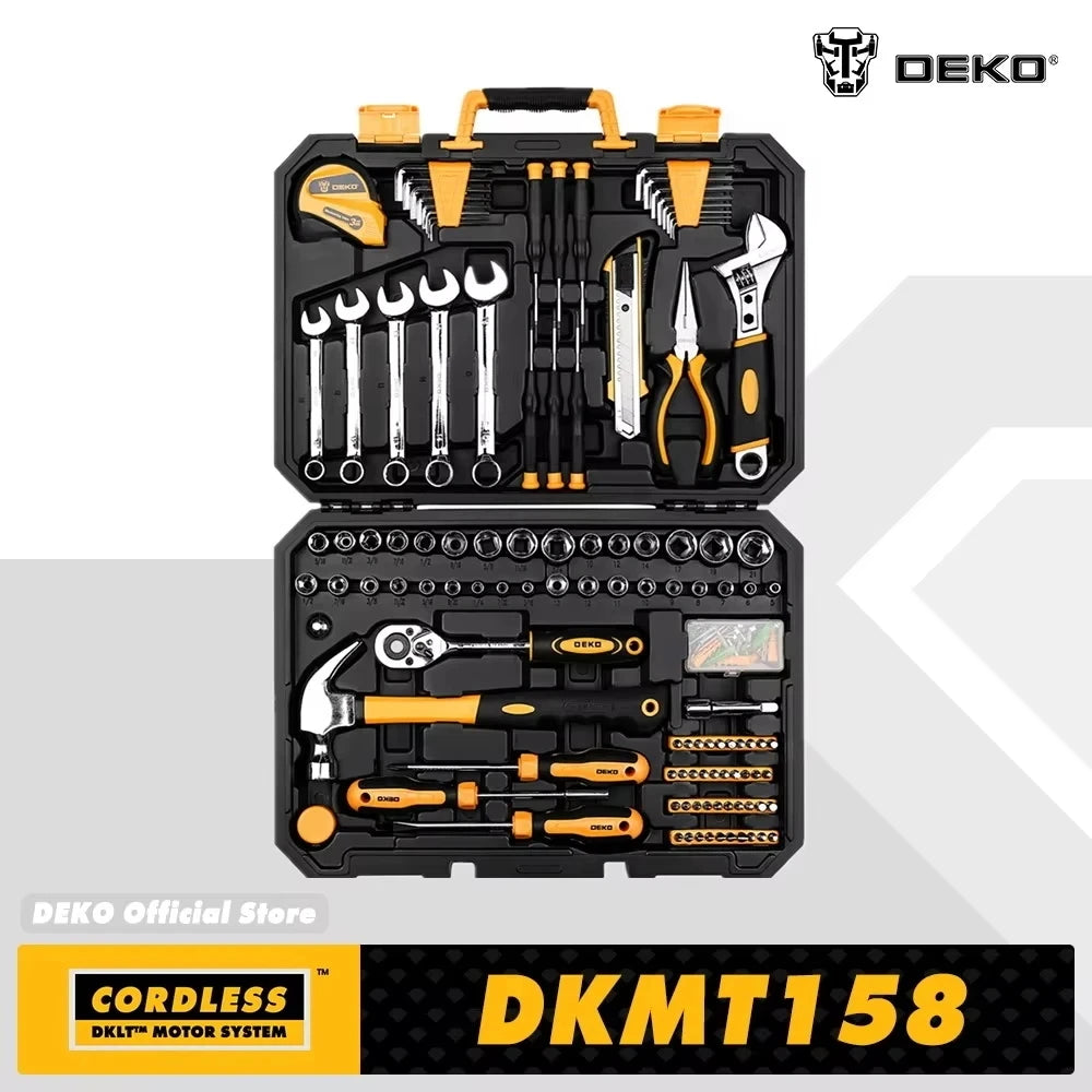 DEKO 158 Pcs Professional Car Repair Tool Set Auto Ratchet Spanner Screwdriver Socket Mechanics Tools Kit W/ Blow-Molding Box
