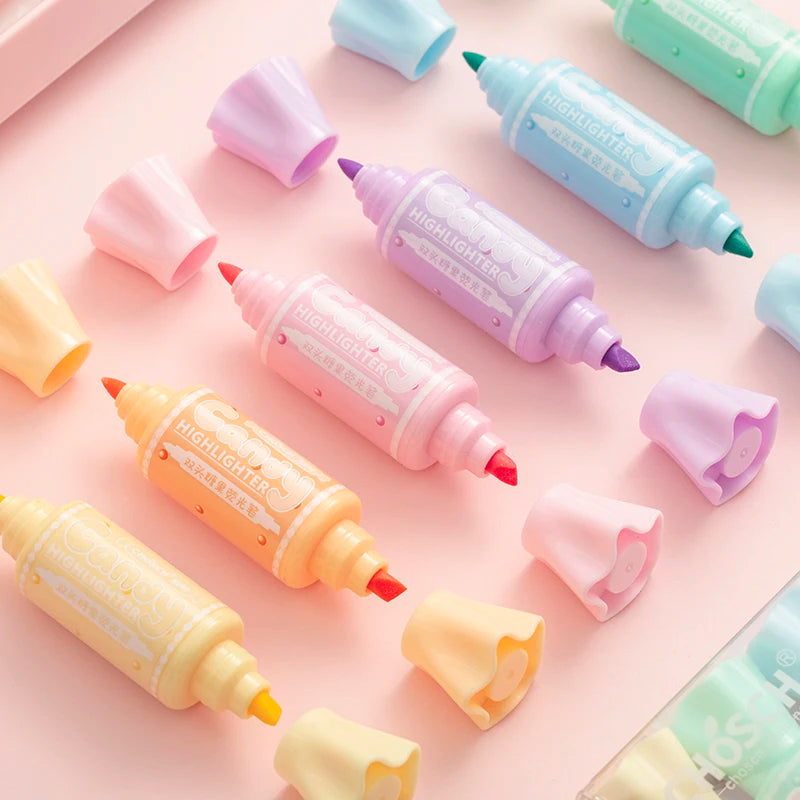 6pcs Double-headed Pastel Fluorescent Markers Candy Highlighters for Highlighting & Drawing Stationery School A7421