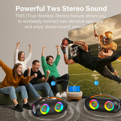 Portable Bluetooth Wireless Speaker, Loud Boombox Speaker with Subwoofer, Powerful Deep Bass Stereo Sound, IP65 Waterproof