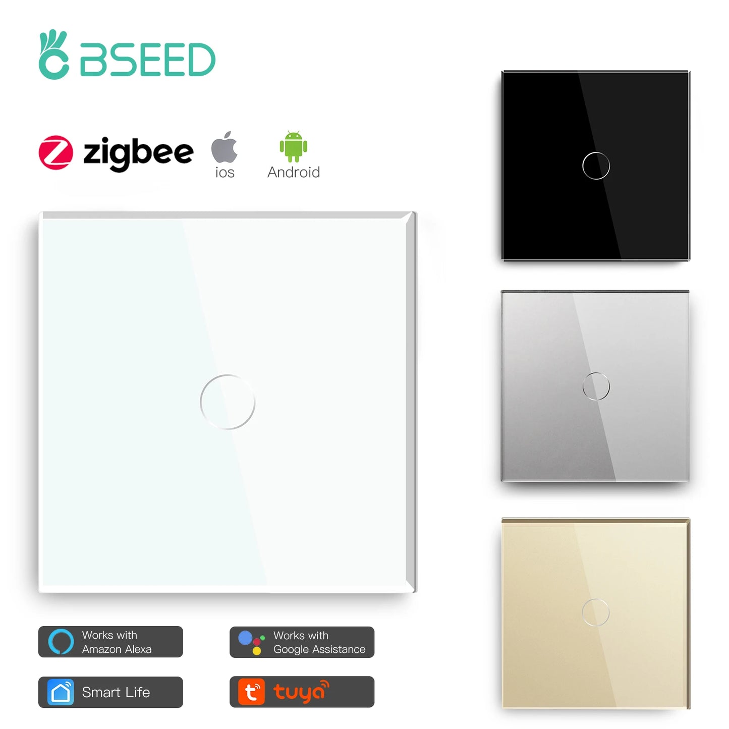 Bseed Zigbee 1/2/3Gang EU Standard Touch Light Switch Single Live Smart Wall Switch Smart Life Google Home Voice Control