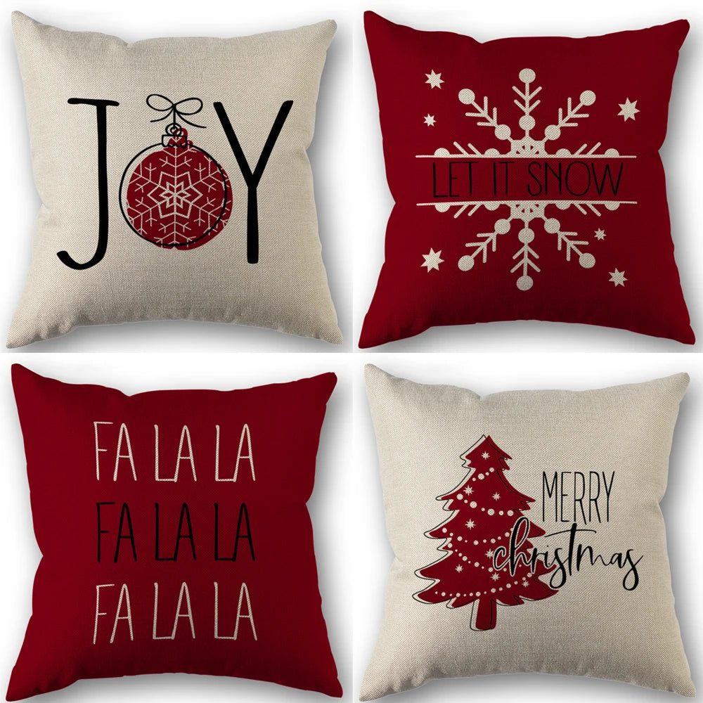 Red Christmas Pillow Covers 18x18 Set of 4 Christmas Decorations Merry Tree Joy Let It Snow FA La La Cushion Case Holiday Decor