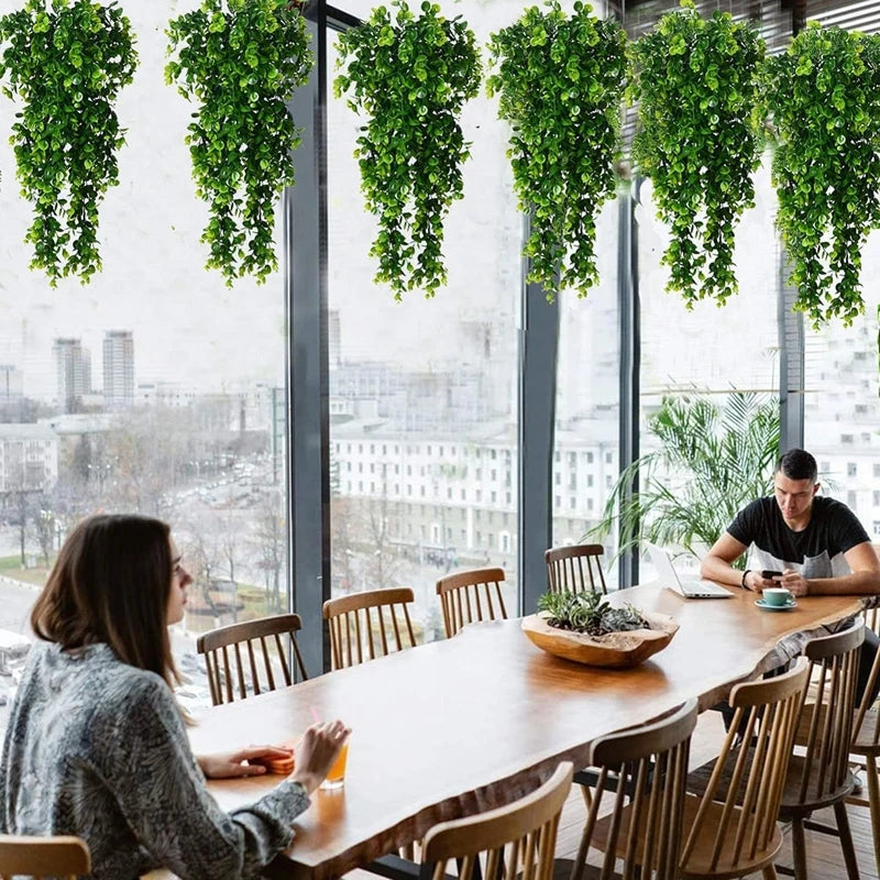 Artificial Rattan Eucalyptus 5Forks Fake Plant Wall Hanging Simulation Greenery Fake Hanging Vine for Home Room Outdoor Decor