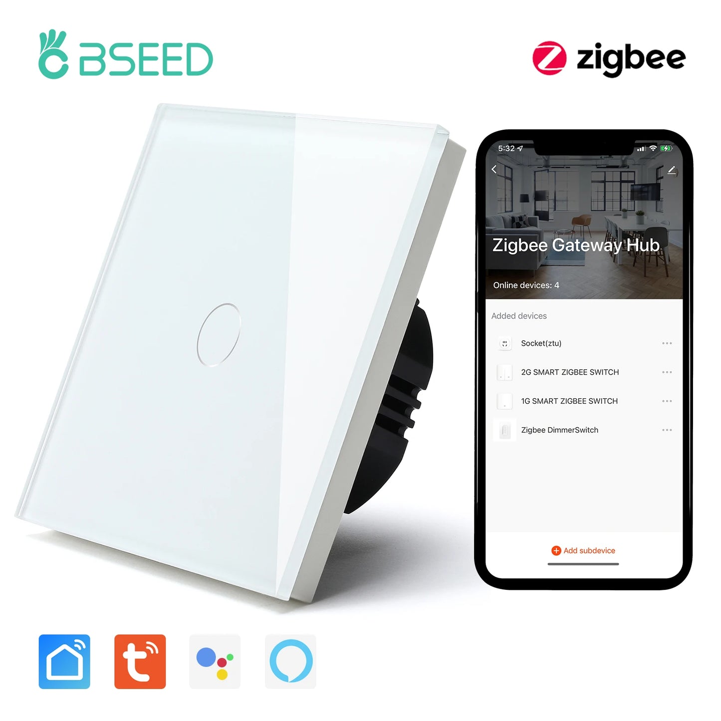 Bseed Zigbee 1/2/3Gang EU Standard Touch Light Switch Single Live Smart Wall Switch Smart Life Google Home Voice Control