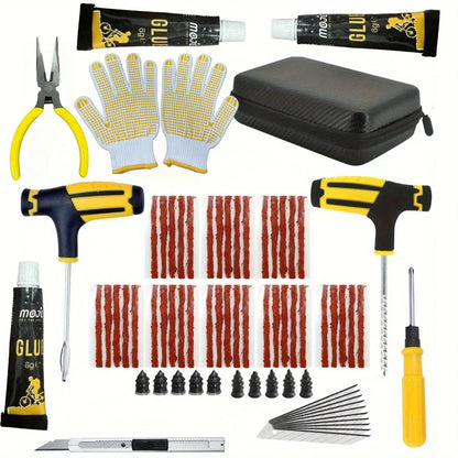 Portable Car Tire Puncture Repair Kit T-Handle Tools Glue Strips Universal for Truck Motorcycle RV Roadside Safety