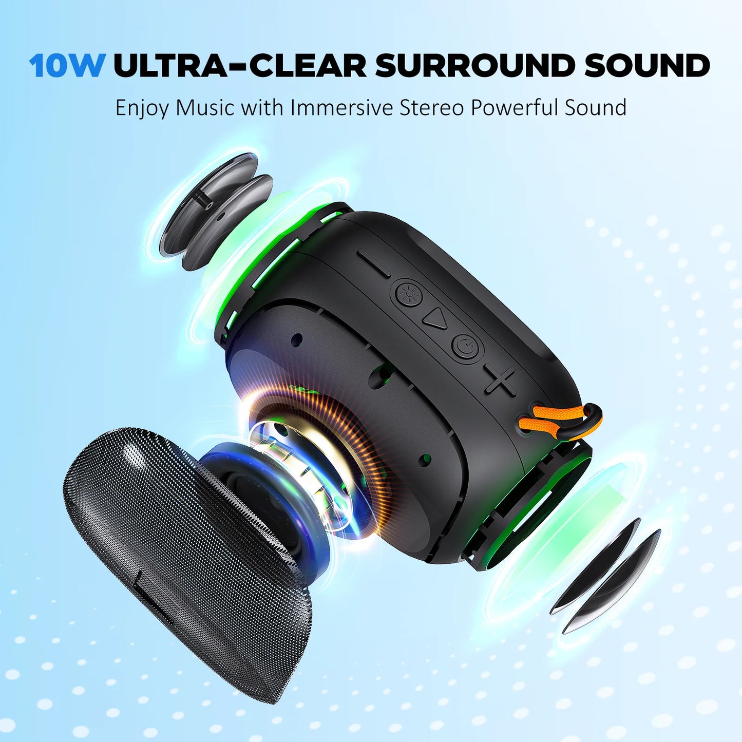 Bluetooth Speaker, IPX7 Waterproof Shower Speakers, 10W Stereo LED Lights, 8H Playtime for Home Outdoor Party Beach