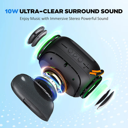 Bluetooth Speaker, IPX7 Waterproof Shower Speakers, 10W Stereo LED Lights, 8H Playtime for Home Outdoor Party Beach