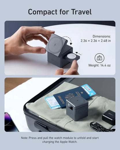 3-in-1 Foldable Wireless Charger Stand for iPhone 17/16/15, Apple Watch, AirPods, 15W Fast Charging, MagSafe Compatible, Travel-Friendly