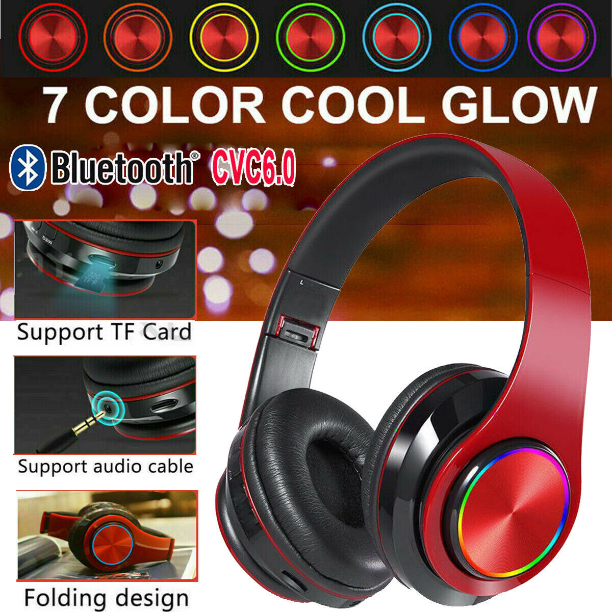 Wireless Bluetooth Over-Ear Headphones with Noise Cancelling & LED Lights